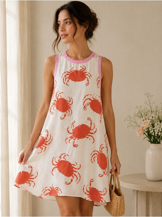 Dresses & Skirts - Sleeveless beige Dress with Coral Crab Print
